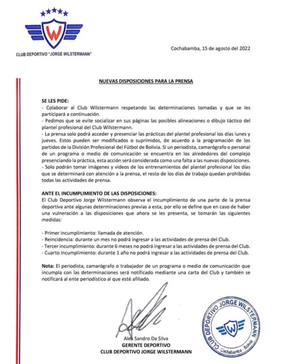 Disposición de Jorge Wilstermann. Comunicaciones equipo.