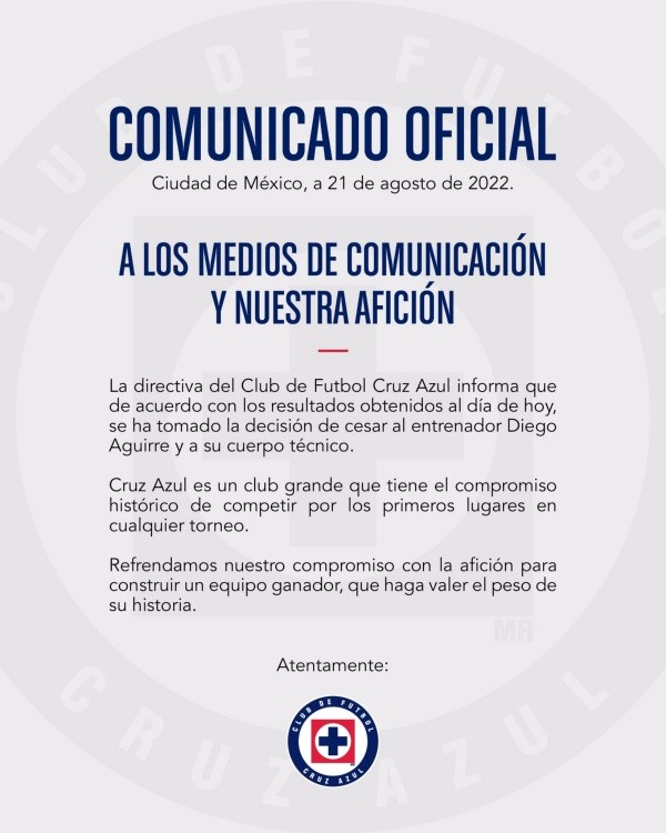 Comunicado de Cruz Azul en Twitter