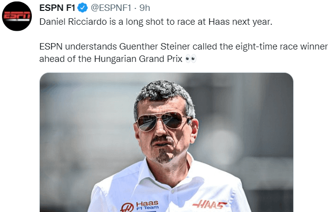 Haas pretendería a Daniel Ricciardo. (Twitter: @ESPNF1)
