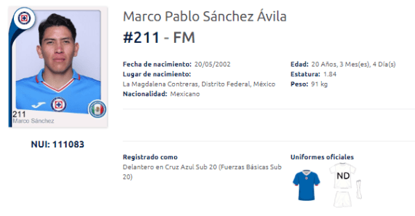 Marco Sánchez registrado con Cruz Azul Sub 20.
