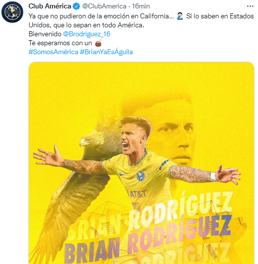 América anuncia a Brian Rodríguez. (@ClubAmerica)