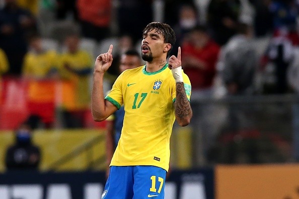 Lucas Paquetá en festejo con Brasil. Getty.