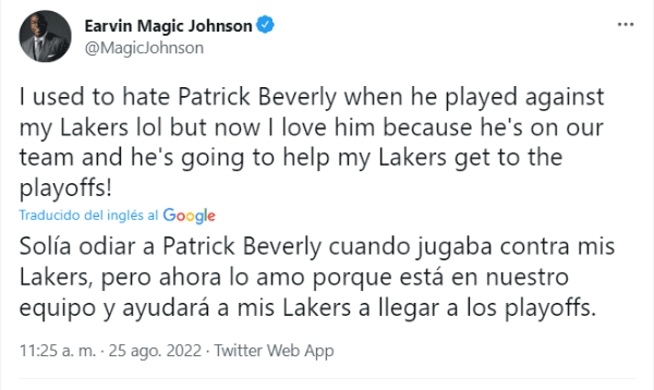 Magic Johnson sobre Beverley (Foto: @MagicJohnson)