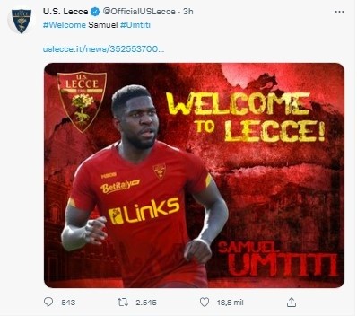 Fuente: Twitter Oficial Lecce (@OfficialUSLecce)