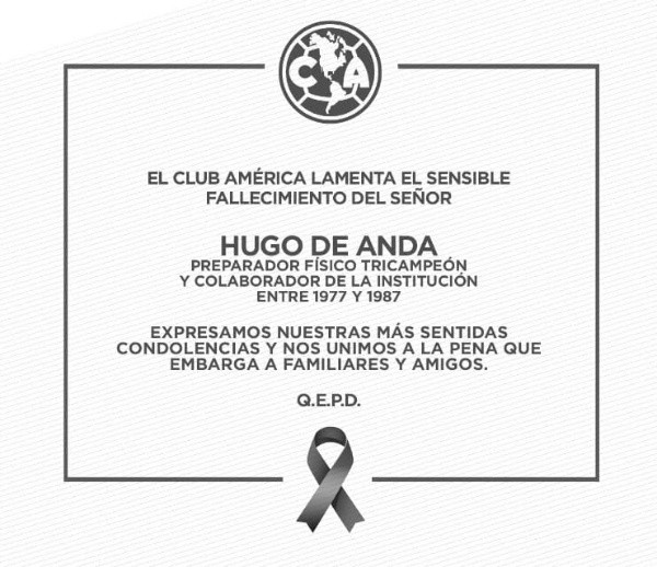 América, de luto por la muerte de Hugo de Anda (América)