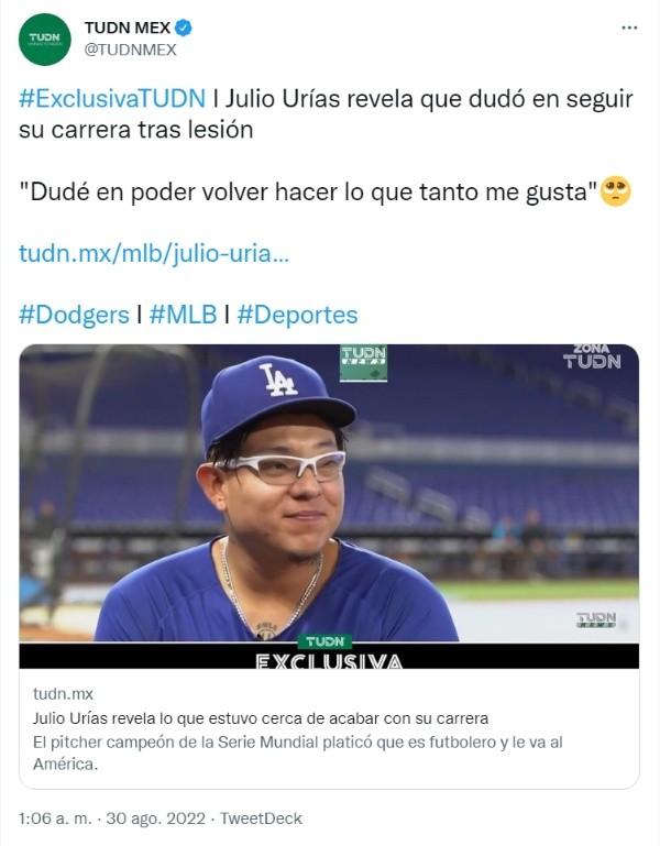 MLB: Julio Urías va a la lista de lesionados con Los Angeles Dodgers, TUDN  MLB