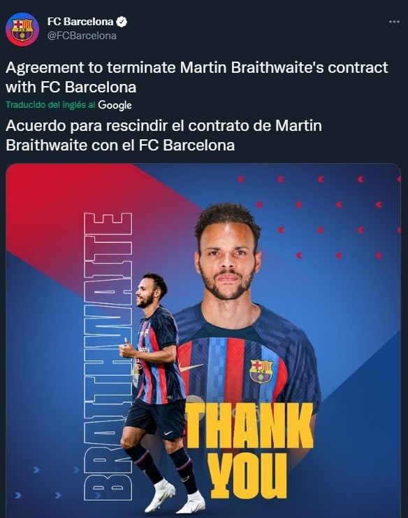 Barcelona anunció la rescisión de Braithwaite (Twitter @FCBarcelona)