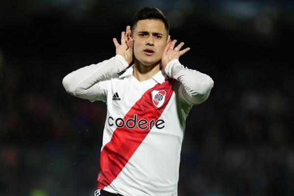 BUENOS AIRES, ARGENTINA - AUGUST 27: Pablo Solari of River Plate celebrates after scoring the first goal of his team during a Liga Profesional 2022 match between Tigre and River Plate at Jose Dellagiovanna on August 27, 2022 in Buenos Aires, Argentina. (Photo by Daniel Jayo/Getty Images)-Not Released (NR)