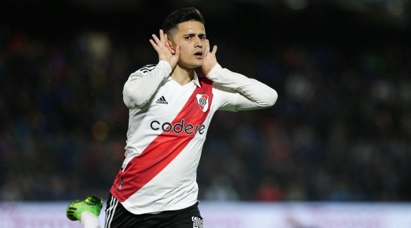 BUENOS AIRES, ARGENTINA - AUGUST 27: Pablo Solari of River Plate celebrates after scoring the first goal of his team during a Liga Profesional 2022 match between Tigre and River Plate at Jose Dellagiovanna on August 27, 2022 in Buenos Aires, Argentina. (Photo by Daniel Jayo/Getty Images)-Not Released (NR)