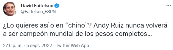 Faitelson arremete contra Andy Ruiz. (@Faitelson_ESPN)