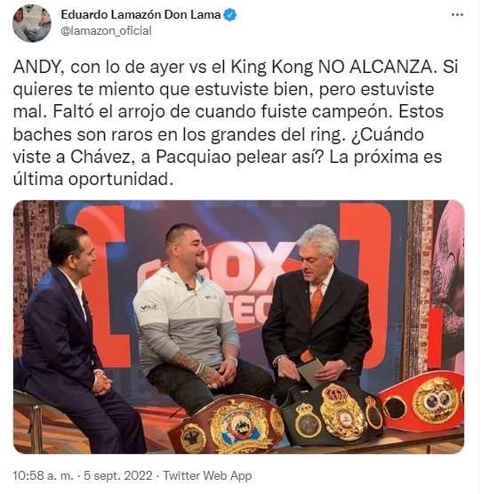 Lamazón destruzó a Andy Ruiz. (Foto: TW / Eduardo Lamazón)