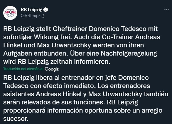 Leipzig hizo oficial el despido de Tedesco (Twitter @RBLeipzig)