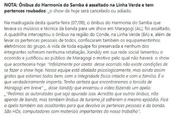 Nota oficial da banda Harmonia do Samba - Foto: Divulgação