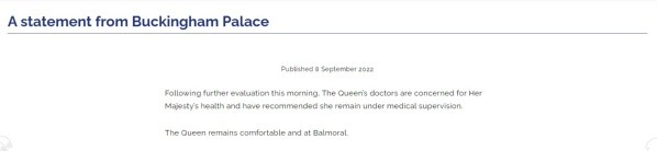 Comunicado del Palacio de Buckingham sobre la salud de la reina Isabel II. (Royal.uk)
