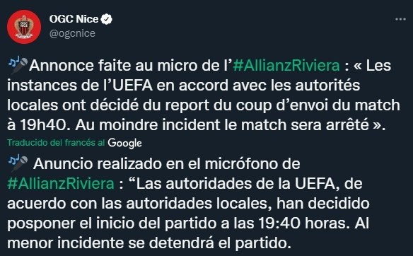 El partido entre Niza y Colonia empezará casi una hora después de lo que debía (Twitter @ogcnice)