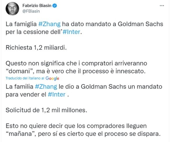 La información del periodista Biasin. Twitter.