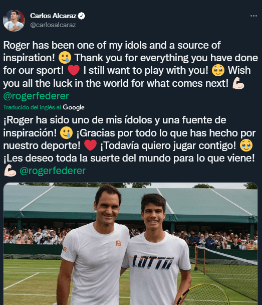 El mensaje de Alcaraz por el retiro de Federer (Twitter @carlosalcaraz)
