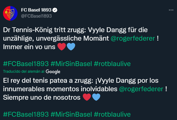 Basel y su mensaje a Federer (Twitter @FCBasel1893)