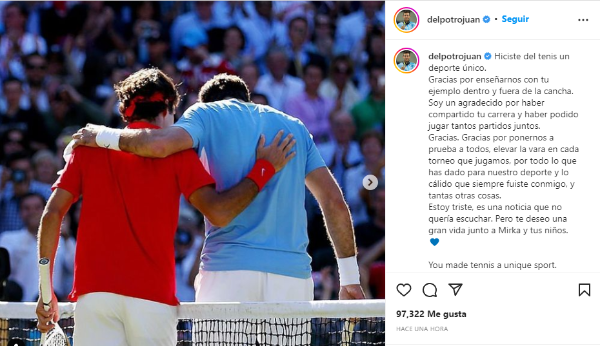 Las palabras de Del Potro para Federer (Instagram @delpotrojuan)