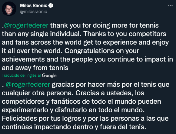 Raonic también le escribió a Federer (Twitter @milosraonic)