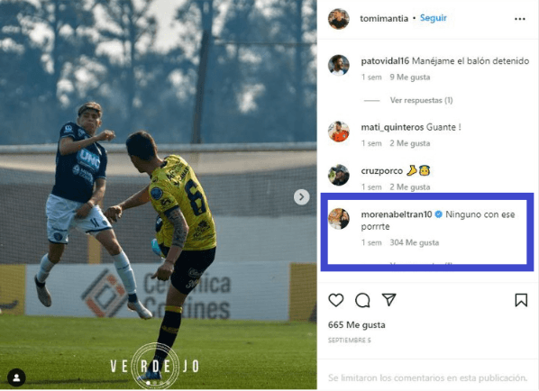 El comentario de More Beltrán en una publicación del futbolista (Foto: Instagram Tomás Mantía)