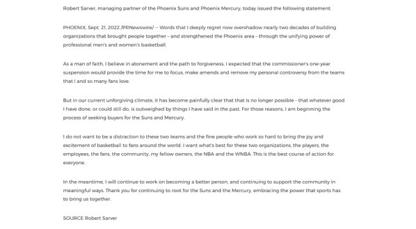 El comunicado de Robert Sarver sobre su situación en Suns (@GeraldBourguet)