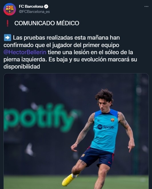 Barcelona confirmó el grado de lesión de Héctor Bellerín (Twitter @FCBarcelona_es)