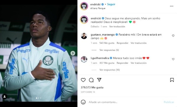 Endrick con Palmeiras. Instagram.