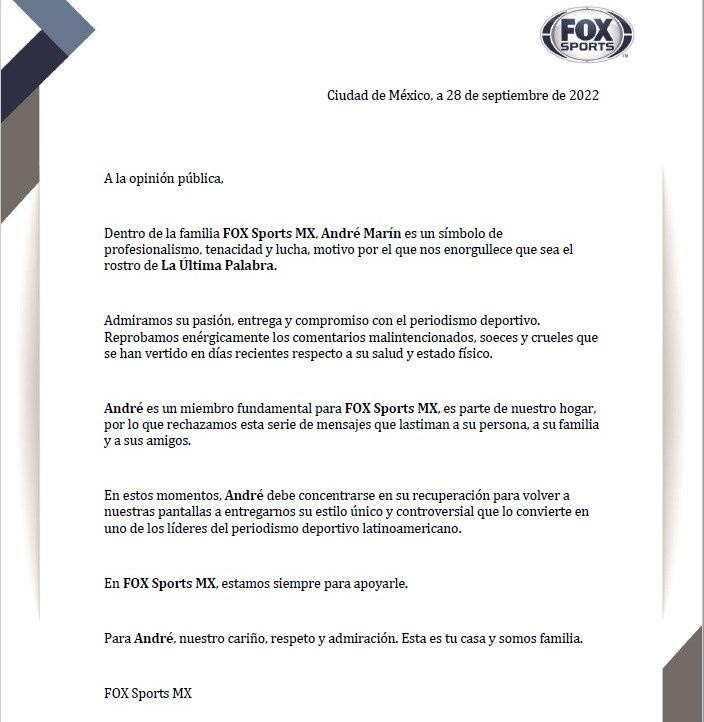 Comunicado de Fox Sports sobre André Marín.