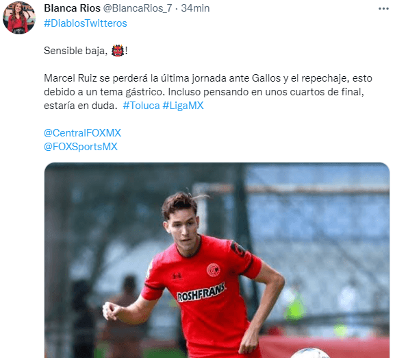 Marcel Ruíz sigue de baja. (@BlancaRios_7)