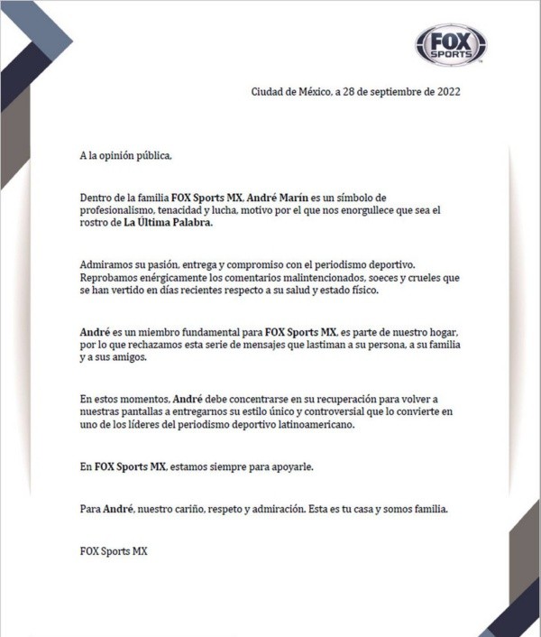 El comunicado de Fox Sports sobre André Marín (Foto: Web Fox Sports MX)