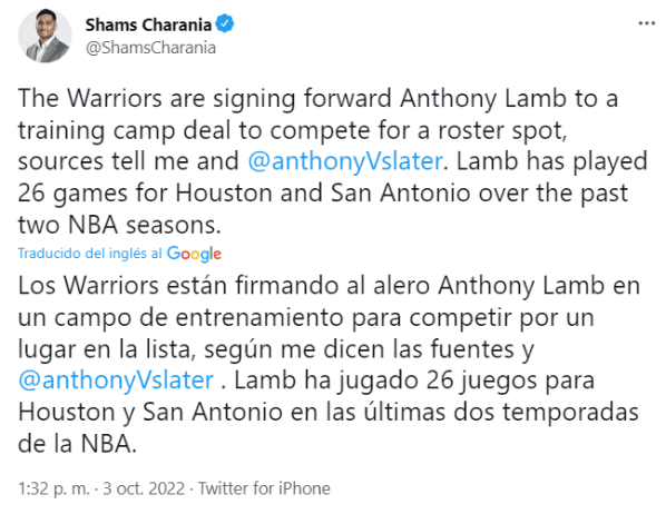 El nuevo jugador que Warriors está firmando (Foto: @ShamsCharania)