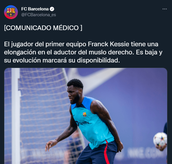 El comunicado sobre la lesión de Franck Kessié (Twitter @FCBarcelona_es)