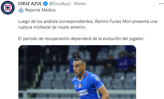 Reporte médico por Funes Mori. (@Cruz Azul)