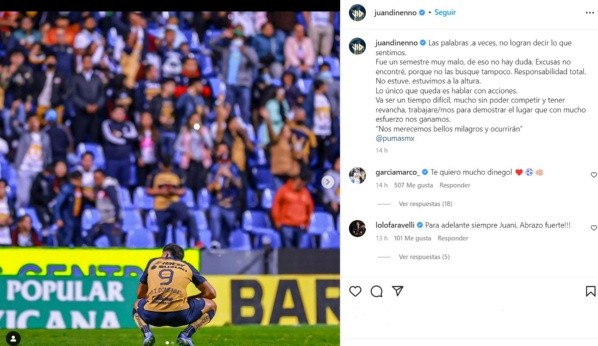 Juan Ignacio Dinenno se expresó sobre la eliminación de Pumas del Apertura 2022 de la Liga MX. Instagram