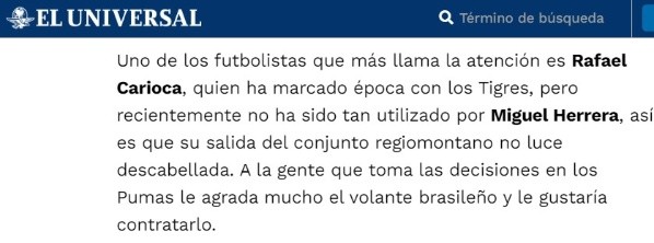 El Universal publicó que Rafael Carioca es del interés de Pumas para que se sume de cara al Clausura 2023.