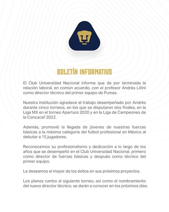 El comunicado con el que Pumas UNAM informó el corte del vínculo con Andrés Lillini. @PumasMX