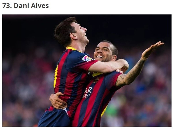 Dani Alves se ubicó en el puesto 73 entre los 100 mejores de la historia según Four Four Two.