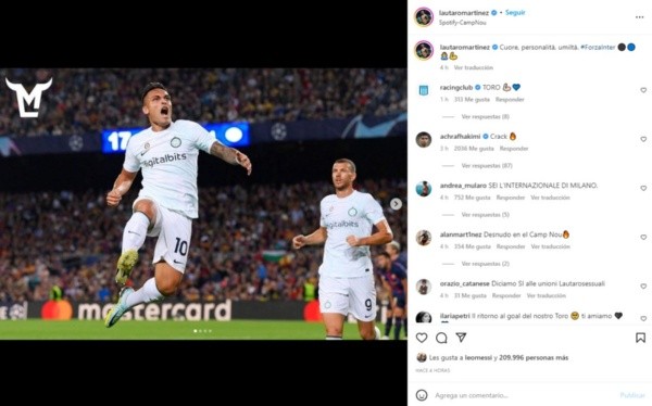 Lautaro Martinez Instagram post after Barcelona vs Inter 2022-23 Champions League match.