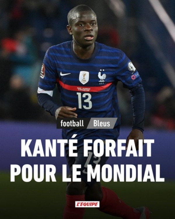 La portada de L&#039;Equipe anunciando la baja de Kanté de Qatar 2022