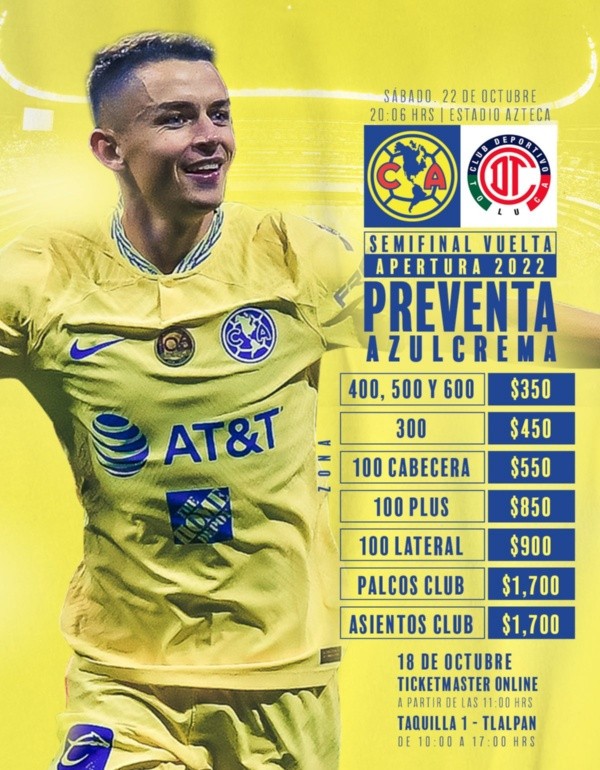 Los precios de los boletos para América vs. Toluca (Foto: Twitter Club América