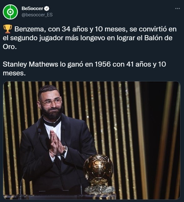 Benzema, el segundo futbolista más longevo en ganar el Balón de Oro (Twitter @besoccer_ES)