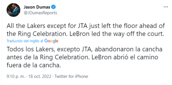 Reacción de LeBron a la ceremonia de anillos de los Warriors (Foto: Twitter / @JDumasReports)