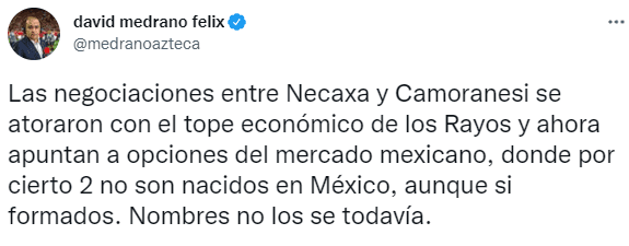 El Tweet de David Medrano sobre el futuro DT de Necaxa. (@medranoazteca)