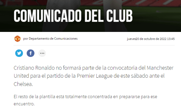 El comunicado de Manchester United sobre CR7 (Foto: Web Manchester United)