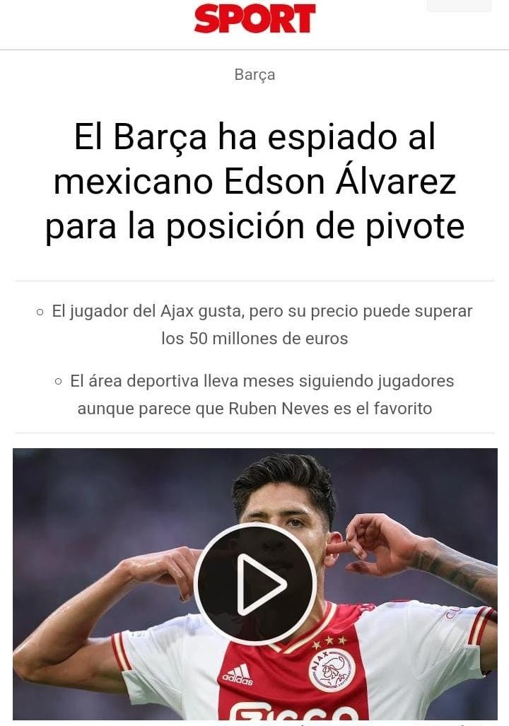 Edson Álvarez, en la mira del Barca. (Captura Sport)