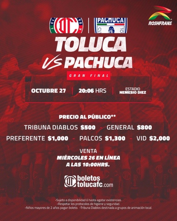Los precios de las entradas para Toluca vs. Pachuca (Foto: Twitter Toluca)
