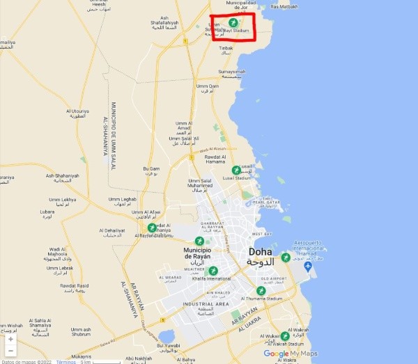 Al Bayt Stadium (highlighted in the red box) is North from Doha&#039;s center.