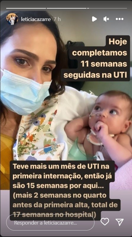 Esposa de Juliano Cazarré desabafa após filha do casal completar 11 semanas na UTI. Imagem: Reprodução/Stories Instagram Leticia Cazarré.
