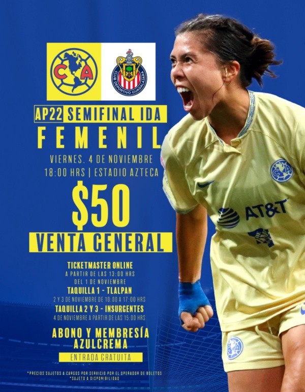 Los detalles de los boletos para la semifinal de ida del Apertura 2022 de la Liga MX Femenil entre América y Chivas (Foto: Twitter América Femenil)